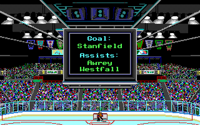 Wayne Gretzky Hockey 2 IBM PC/Compatibles Screenshot: Goal by Stanfield, assist from Awrey and Westfall...