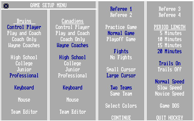 Wayne Gretzky Hockey 2 IBM PC/Compatibles Screenshot: The game setup menu.