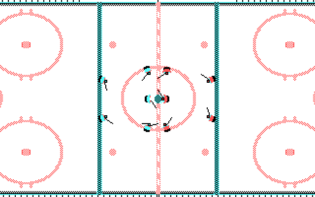 Wayne Gretzky Hockey 2 IBM PC/Compatibles Screenshot: In the CGA version the screen doesn't scroll and instead jumps between the left, center, and right sides.