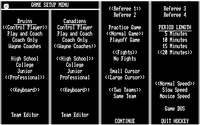 Wayne Gretzky Hockey 2 IBM PC/Compatibles Screenshot: The game setup menu.
