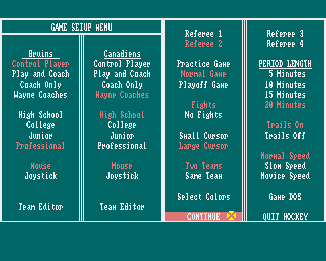 Wayne Gretzky Hockey 2 Amiga Screenshot: The game setup menu.
