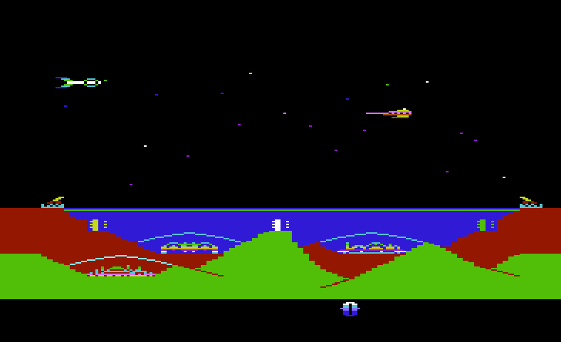 Atlantis Commodore VIC-20 Screenshot: Starting screen and game demo mode.