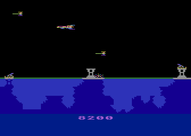 Atlantis Atari 8-bit Screenshot: The game ends when all of you city has been destroyed; not much left to go here!