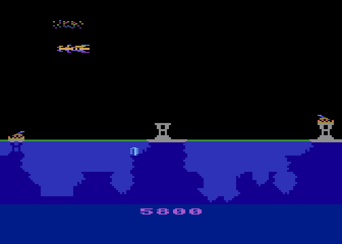Atlantis Atari 8-bit Screenshot: One enemy ship down, lots to go!