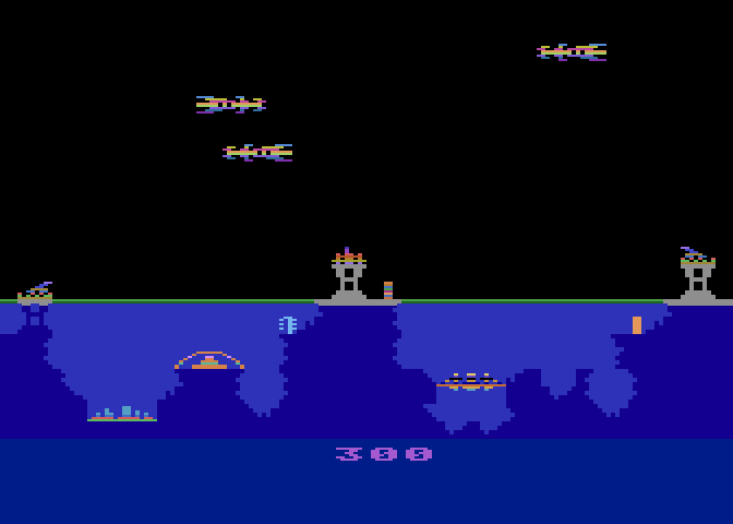 Atlantis Atari 8-bit Screenshot: As the game progresses enemies become faster and more numerous.