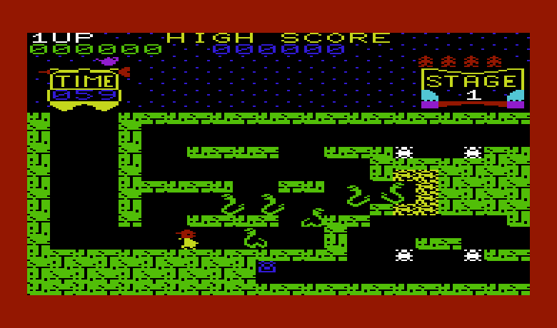 Tutankham Commodore VIC-20 Screenshot: Avoiding snakes on the first level.
