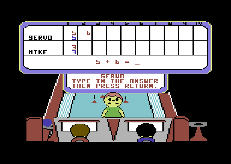 Little People Bowling Alley Commodore 64 Screenshot: Can you answer the math question?