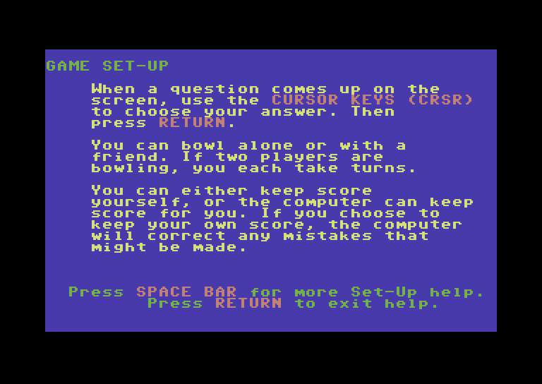 Little People Bowling Alley Commodore 64 Screenshot: Part of the game instructions.