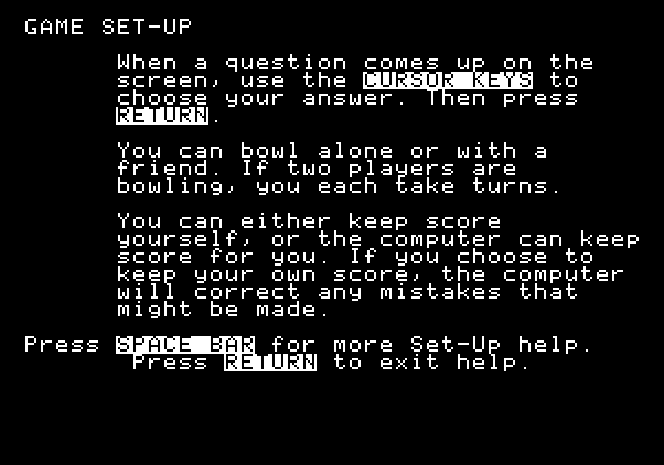 Little People Bowling Alley Apple II Screenshot: Game instructions.