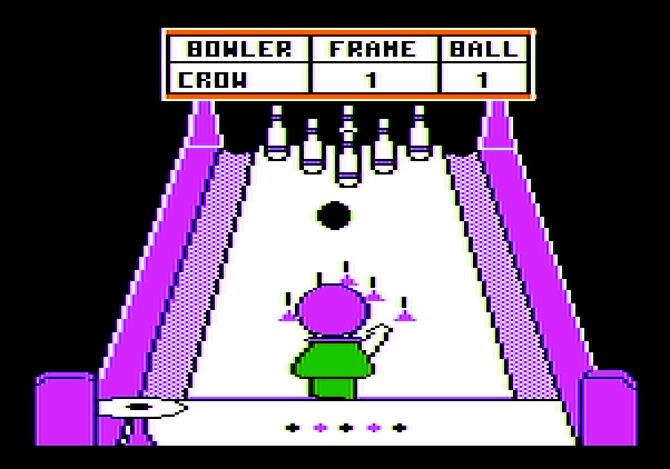 Little People Bowling Alley Apple II Screenshot: Pins about to be knocked down.