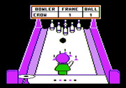 Little People Bowling Alley for Apple II - Pins about to be knocked down.