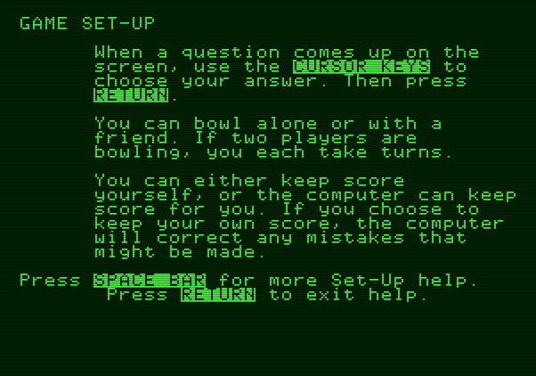 Little People Bowling Alley Apple II Screenshot: Game instructions.