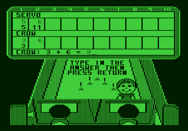 Little People Bowling Alley Apple II Screenshot: Entering an answer to the math question.