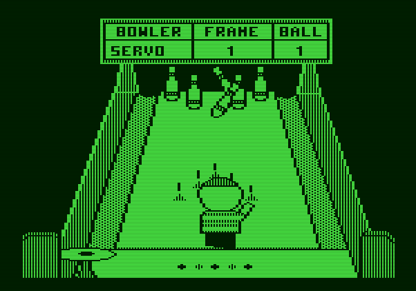 Little People Bowling Alley Apple II Screenshot: Some pins knocked over.