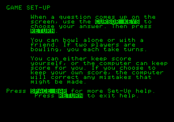 Little People Bowling Alley Apple II Screenshot: Game instructions.