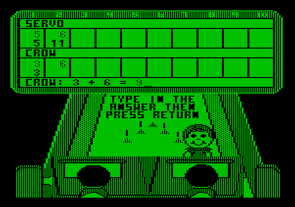 Little People Bowling Alley Apple II Screenshot: Entering an answer to the math question.