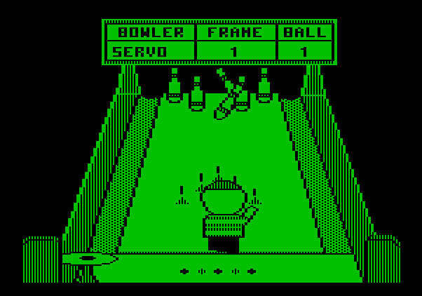 Little People Bowling Alley Apple II Screenshot: Some pins knocked over.