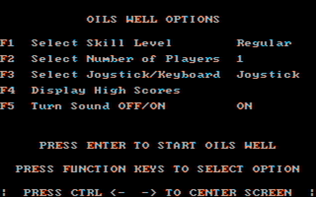 Oil's Well IBM PC/Compatibles Screenshot: Game options.