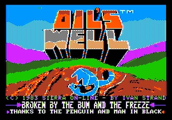 Oil's Well Apple II Screenshot: Title screen; this version has been cracked.