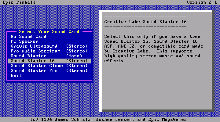 Enigma IBM PC/Compatibles Screenshot: Sound card selection menu.