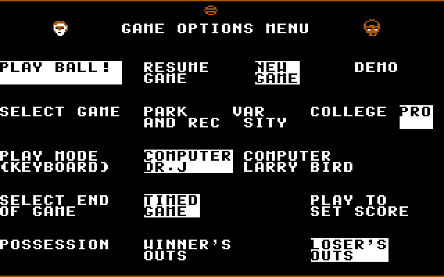 One-on-One IBM PC/Compatibles Screenshot: Game options menu.