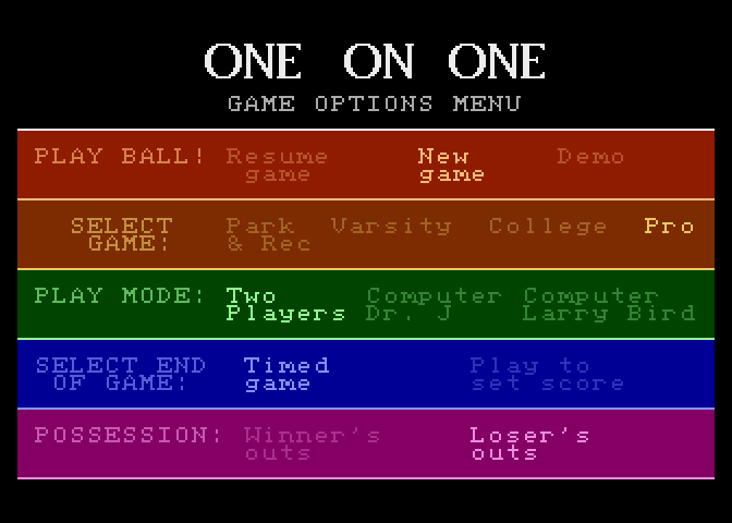 One-on-One Atari 7800 Screenshot: The main game menu.