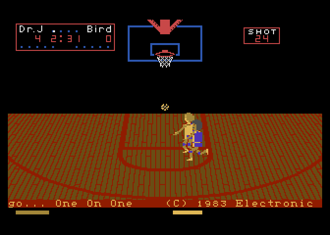 One-on-One Atari 7800 Screenshot: Game title and copyright scrolls along the bottom of the screen.