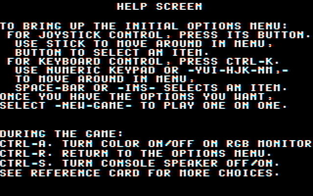 One-on-One IBM PC/Compatibles Screenshot: Help screen.