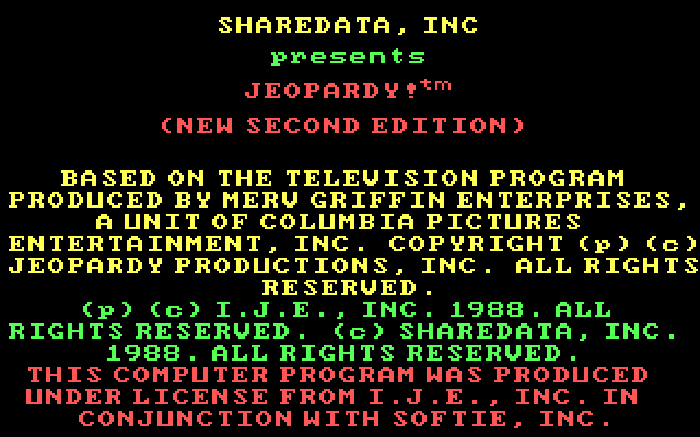 Jeopardy! New Second Edition IBM PC/Compatibles Screenshot: Title screen 1.