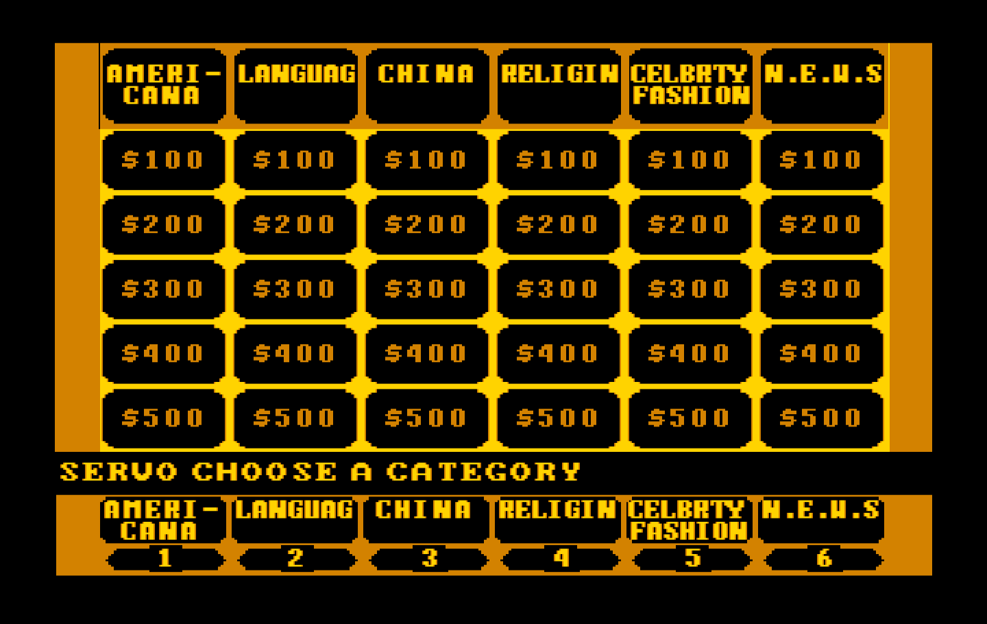 Jeopardy! New Second Edition IBM PC/Compatibles Screenshot: Select a category...