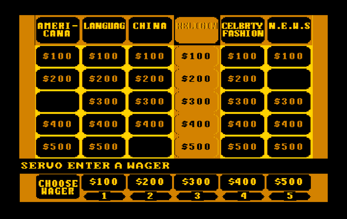Jeopardy! New Second Edition IBM PC/Compatibles Screenshot: Select a wager.