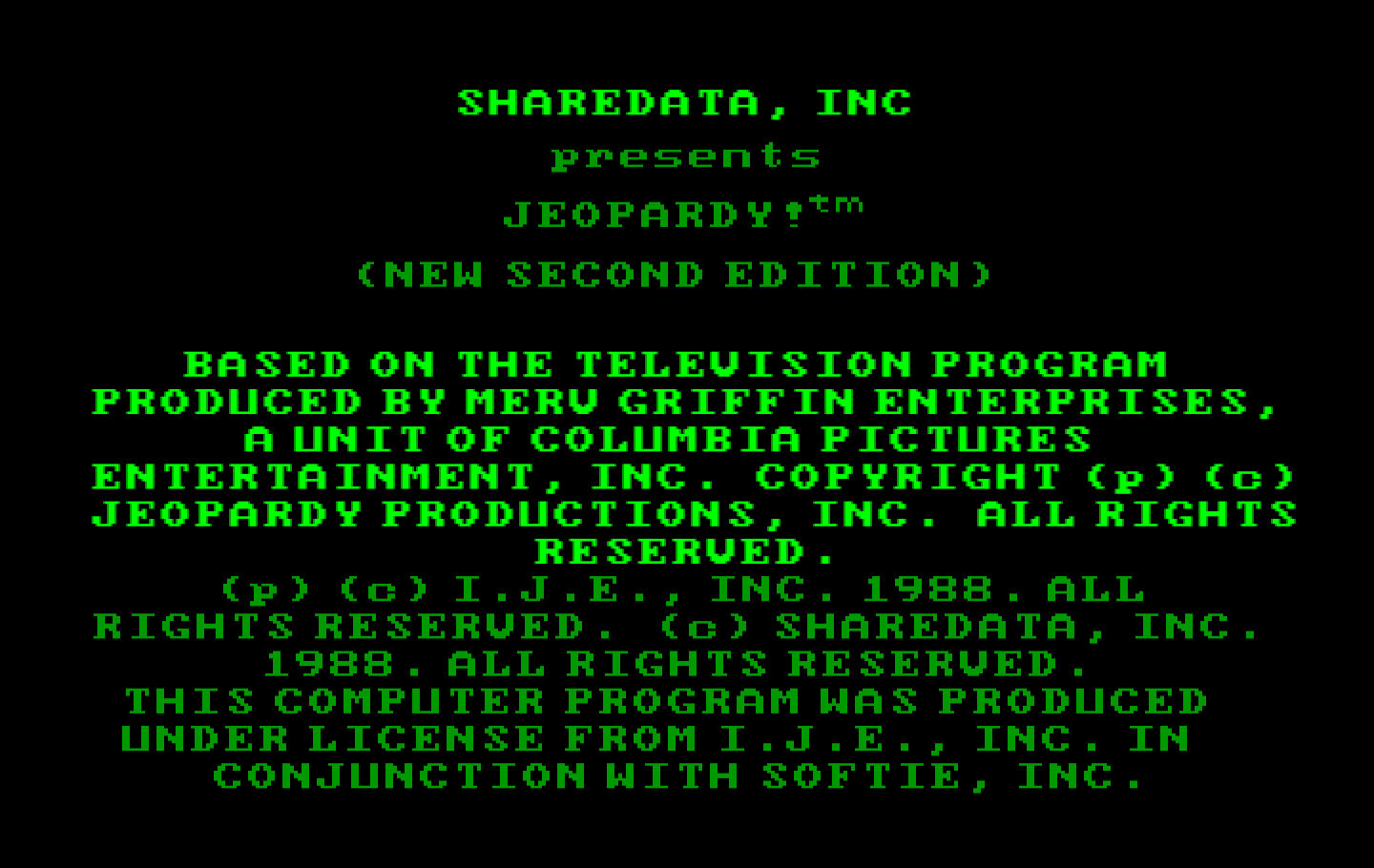 Jeopardy! New Second Edition IBM PC/Compatibles Screenshot: Title screen 1.
