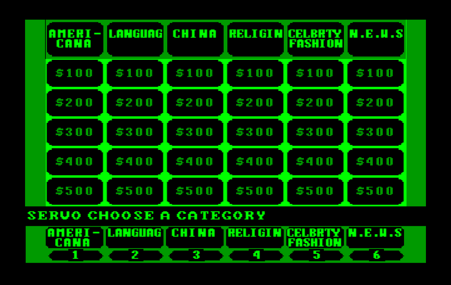 Jeopardy! New Second Edition IBM PC/Compatibles Screenshot: Select a category...