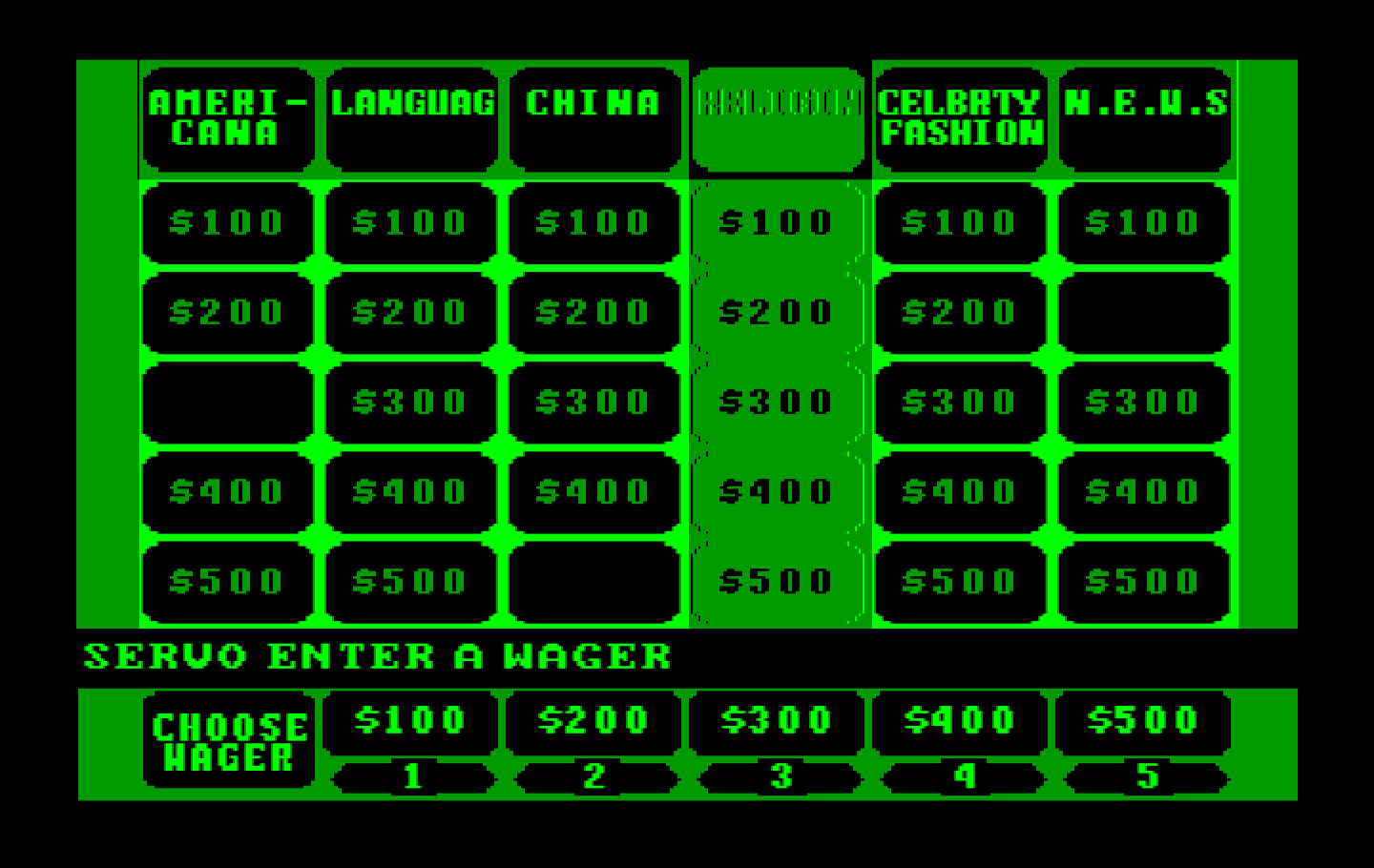 Jeopardy! New Second Edition IBM PC/Compatibles Screenshot: Select a wager.