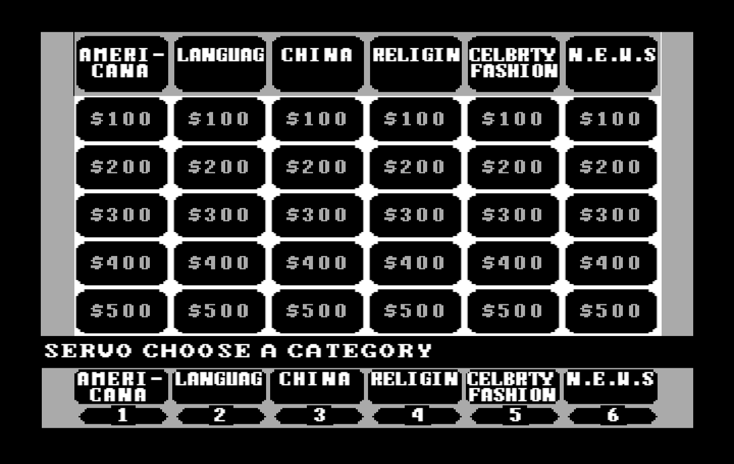 Jeopardy! New Second Edition IBM PC/Compatibles Screenshot: Select a category...