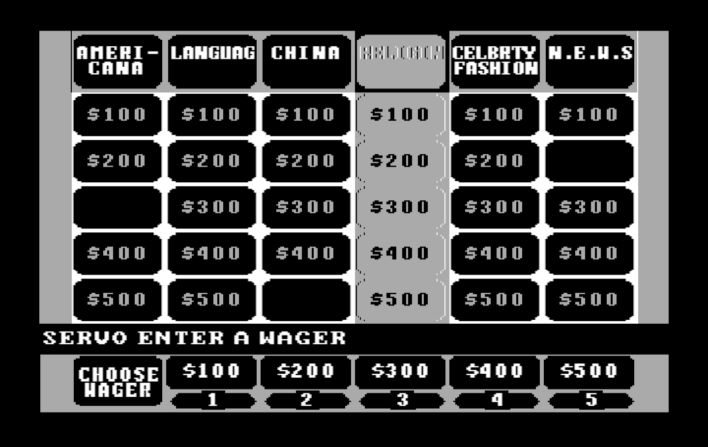 Jeopardy! New Second Edition IBM PC/Compatibles Screenshot: Select a wager.