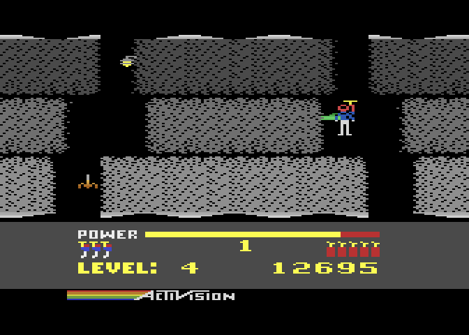 H.E.R.O. Atari 8-bit Screenshot: Ouch, a snake got me!
