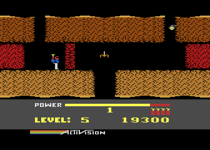 H.E.R.O. Atari 8-bit Screenshot: Don't touch the lava walls, they're deadly...