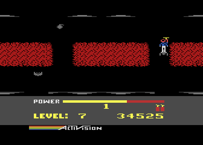 H.E.R.O. Atari 8-bit Screenshot: Hit a spider! Game over...