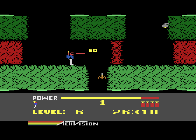 H.E.R.O. Atari 8-bit Screenshot: Bonus points for destroying an enemy...