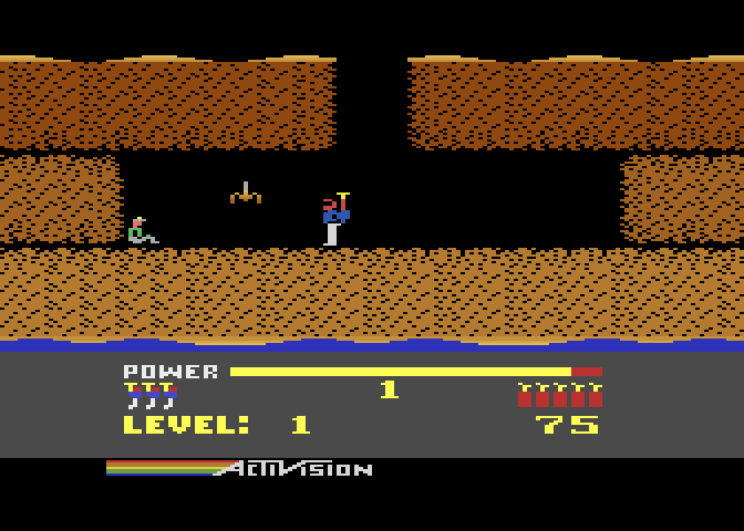 H.E.R.O. Atari 8-bit Screenshot: First level; located the trapped miner!