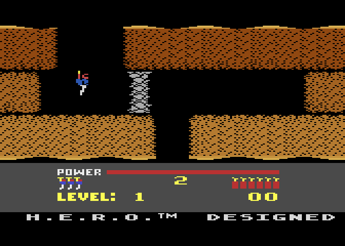 H.E.R.O. Atari 8-bit Screenshot: Game title and credits scroll along the bottom of the screen.