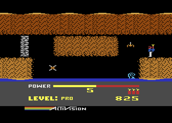 H.E.R.O. Atari 8-bit Screenshot: Don't hit the water at the bottom of the screen...