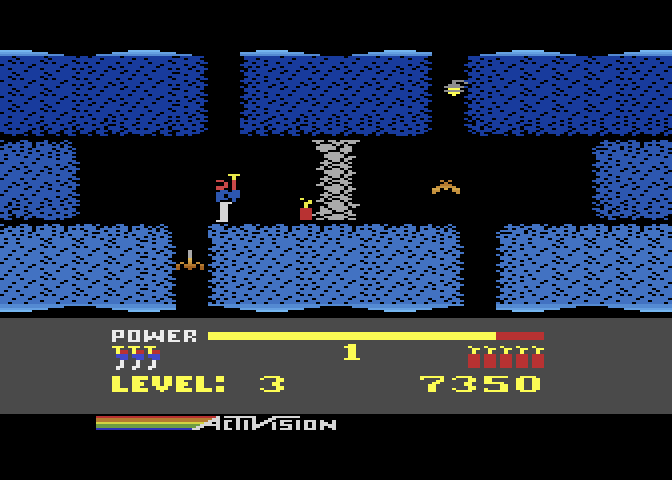 H.E.R.O. Atari 8-bit Screenshot: Which way to go? I'll try to the right.