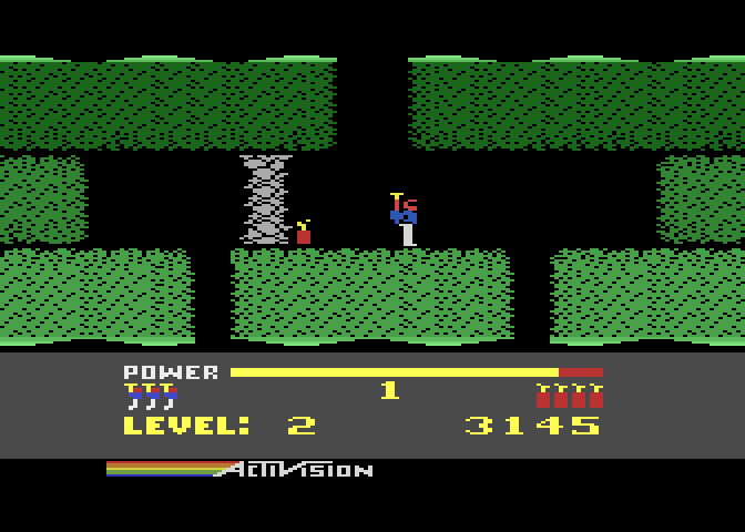 H.E.R.O. Atari 8-bit Screenshot: Use dynamite to blow up walls.