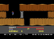 H.E.R.O. for Atari 8-bit - Game title and credits scroll along the bottom of the screen.
