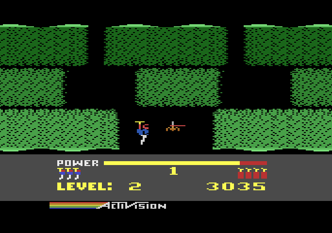 H.E.R.O. Atari 5200 Screenshot: Flying and blasting dangerous creatures...