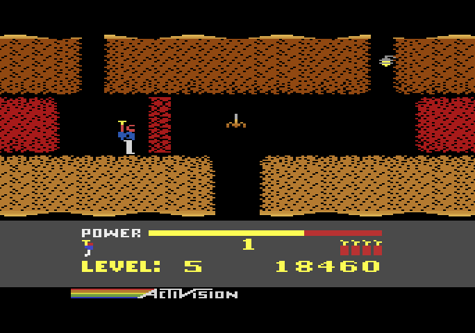 H.E.R.O. Atari 5200 Screenshot: The red walls are dangerous to touch...