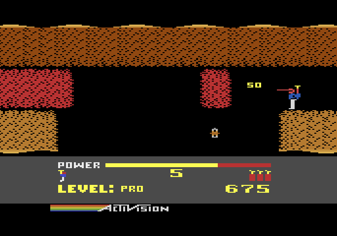 H.E.R.O. Atari 5200 Screenshot: 50 points for shooting a creature...