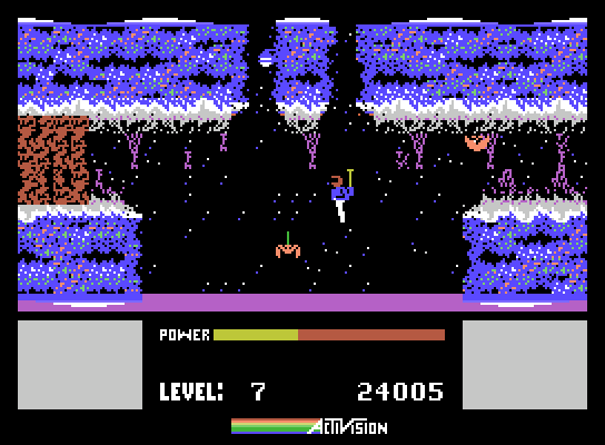 H.E.R.O. ColecoVision Screenshot: Don't land in the water at the bottom of the caves!